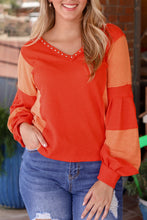 Load image into Gallery viewer, Red Studded V Neckline Exposed Seam Textured Knit Top