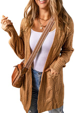 Load image into Gallery viewer, Khaki Ribbed Trim Eyelet Cable Knit Cardigan