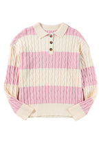 Load image into Gallery viewer, Pink Stripe Cable Knit Collared Henley Sweater