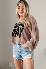 Load image into Gallery viewer, Khaki Game Day Graphic Crop Corded Knit Top