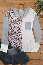Load image into Gallery viewer, Leopard Patchwork Ribbed Color Block V Neck Top