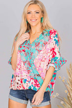 Load image into Gallery viewer, Multicolor Leopard Floral Mixed Print Ruffle Sleeve Surplice Blouse