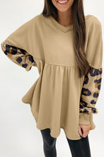 Load image into Gallery viewer, Khaki Leopard Splicing Sleeve Ruffle Loose Sweatshirt