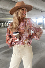 Load image into Gallery viewer, Brown Frilled V Neck Bubble Sleeve Floral Blouse
