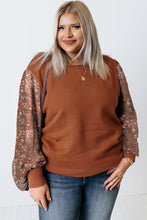 Load image into Gallery viewer, Brown Plus Size Printed Splicing Sleeve Ribbed Trim Sweater