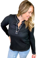 Load image into Gallery viewer, Black Plus Size Contrasting Topstitch Ribbed Henley Top