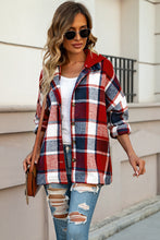 Load image into Gallery viewer, Red Hooded Plaid Button Front Shacket