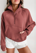 Load image into Gallery viewer, Brown Zip Up Stand Collar Ribbed Thumbhole Sleeve Sweatshirt