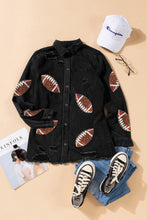 Load image into Gallery viewer, Black Sequined Rugby Graphic Frayed Denim Shacket