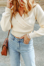 Load image into Gallery viewer, Beige Ribbed Long Sleeve Surplice Crop Sweater