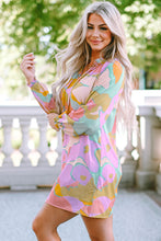 Load image into Gallery viewer, Multicolor Abstract Print Frill Split Neck Babydoll Mini Dress
