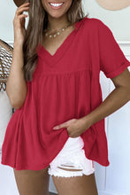 Load image into Gallery viewer, Frayed V Neck Ruffled Babydoll Blouse