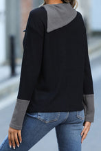Load image into Gallery viewer, Black Waffle Knit Patchwork Colorblock Asymmetrical Neck Top