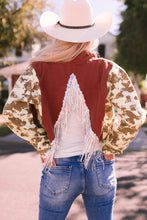 Load image into Gallery viewer, Red Abstract Print Sleeve Back Fringed Cropped Denim Jacket
