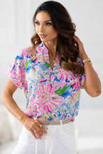 Load image into Gallery viewer, Abstract Floral Print Notch V Neck Rolled Short Sleeve Blouse