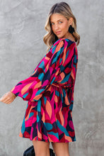 Load image into Gallery viewer, Abstract Printed Belted Puff Sleeve Mini Dress