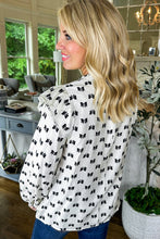 Load image into Gallery viewer, White Bow Knot Print Piping Trim Ruffled Crew Neck Blouse