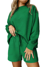 Load image into Gallery viewer, Green Textured Long Sleeve Top and Drawstring Shorts Set