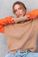 Load image into Gallery viewer, Khaki Color Block Turtle Neck Drop Shoulder Knit Sweater