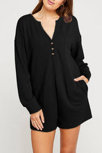 Load image into Gallery viewer, Black Brushed Ribbed Button Split V Neck Long Sleeve Romper