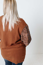Load image into Gallery viewer, Brown Plus Size Printed Splicing Sleeve Ribbed Trim Sweater