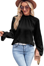 Load image into Gallery viewer, Black Frilled Mock Neck Ripple Bubble Sleeve Blouse