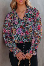 Load image into Gallery viewer, Multicolor Floral Print Ruffled Long Sleeve V-Neck Blouse