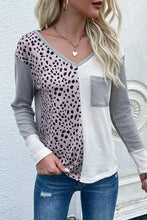 Load image into Gallery viewer, Leopard Patchwork Ribbed Color Block V Neck Top