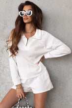 Load image into Gallery viewer, White Ribbed Zipper Sweatshirt and High Waist Shorts Set