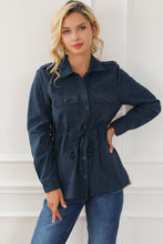 Load image into Gallery viewer, Blue Corduroy Cinched Aztec Back Jacket