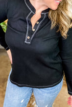 Load image into Gallery viewer, Black Plus Size Contrasting Topstitch Ribbed Henley Top
