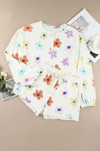Load image into Gallery viewer, White Floral Long Sleeve Henley Top and Drawstring Shorts Set