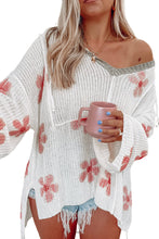 Load image into Gallery viewer, White Floral Print Lightweight Knit Hooded Sweater