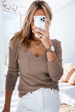 Load image into Gallery viewer, Khaki Ribbed Knit Patched Chest Pocket V Neck Top