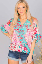 Load image into Gallery viewer, Multicolor Leopard Floral Mixed Print Ruffle Sleeve Surplice Blouse