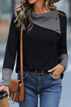 Load image into Gallery viewer, Black Waffle Knit Patchwork Colorblock Asymmetrical Neck Top