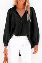 Load image into Gallery viewer, Black Split V-Neck Balloon Sleeve Ruched Denim Top
