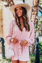 Load image into Gallery viewer, Pink Ripped Surplice V Neck Bubble Sleeve Romper
