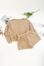 Load image into Gallery viewer, Khaki Piping Trim Long Sleeve Terry Shorts Set