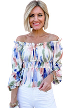 Load image into Gallery viewer, Abstract Print Frill Off Shoulder Bubble Sleeve Blouse