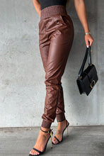 Load image into Gallery viewer, Brown Smocked High-Waist Leather Skinny Pants