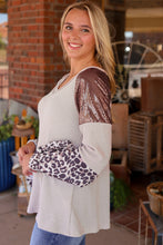 Load image into Gallery viewer, Leopard Sequin Patchwork Bell Sleeve V Neck Tunic Top
