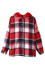 Load image into Gallery viewer, Red Hooded Plaid Button Front Shacket