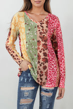 Load image into Gallery viewer, Multicolor Floral Leopard Mixed Print V Neck Long Sleeve Tee

