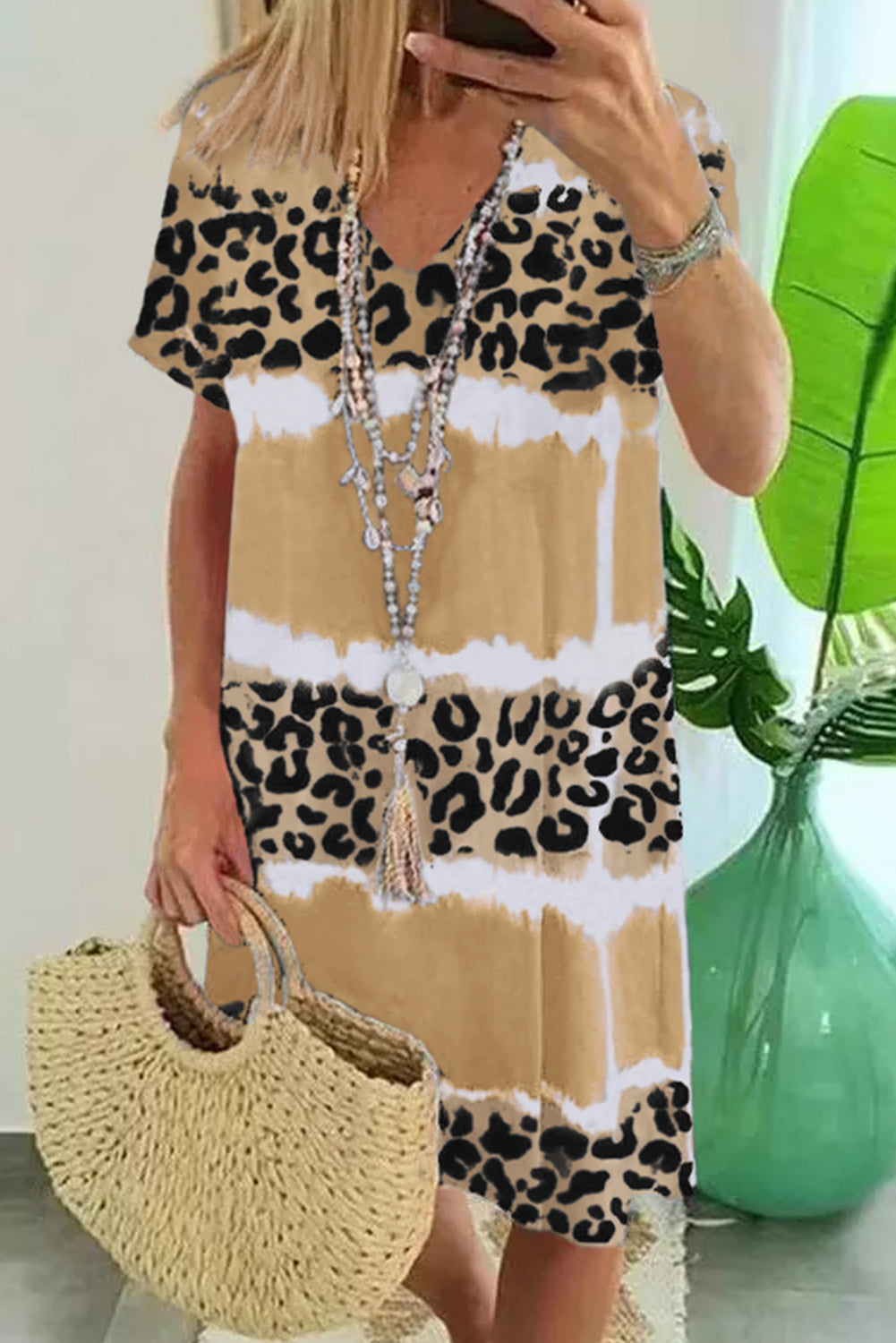 Leopard Color Block V-Neck T-shirt Dress