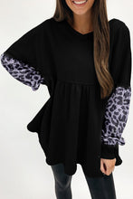 Load image into Gallery viewer, Black Leopard Splicing Sleeve Ruffle Loose Sweatshirt