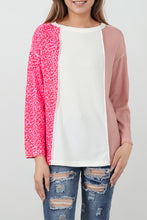Load image into Gallery viewer, Pink Waffle Knit Exposed Seam Leopard Colorblock Print Top