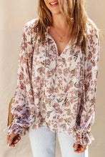 Load image into Gallery viewer, Boho Floral Print Split V Neck Bubble Sleeve Blouse