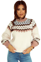 Load image into Gallery viewer, Khaki Geometric Pattern Ribbed Trim High Neck Sweater