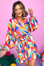 Load image into Gallery viewer, Multicolor Abstract Printed Belted Puff Sleeve Mini Dress